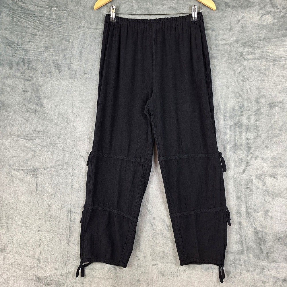 Oh My Gauze Pants 1 S/M Black Kally Boho Beach Coastal Lagenlook Side Tie Crop